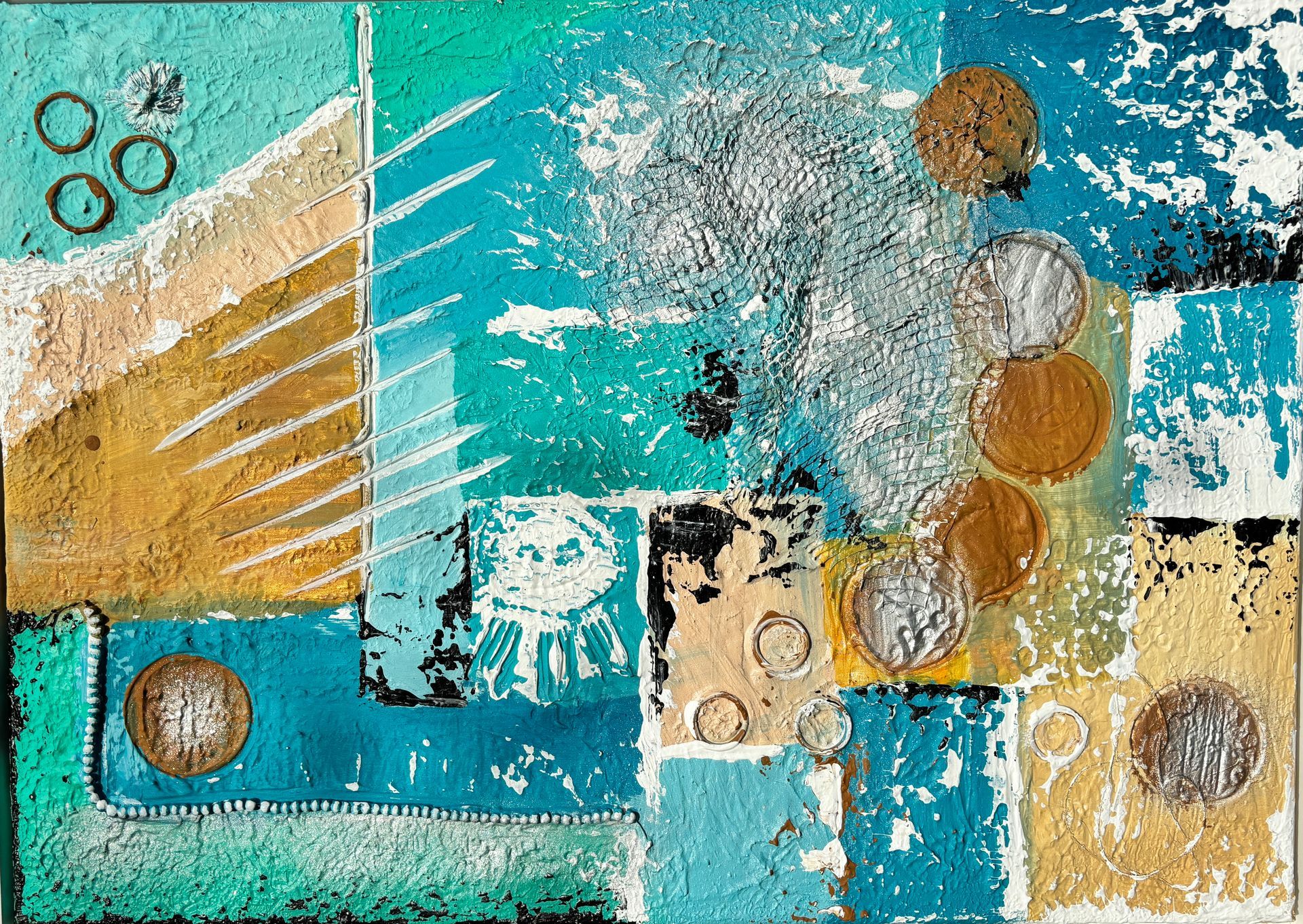 Sehnsucht Karibik I - Abstrakt - Spachtelmasse und Acrylfarben, auf Leinwand 
80  x 60 x 1,6 cm 