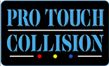 Logo for Pro Touch Collision with light blue text on a black background, featuring red, yellow, and blue dots.