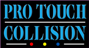Logo for Pro Touch Collision with light blue text on a black background, featuring red, yellow, and blue dots.