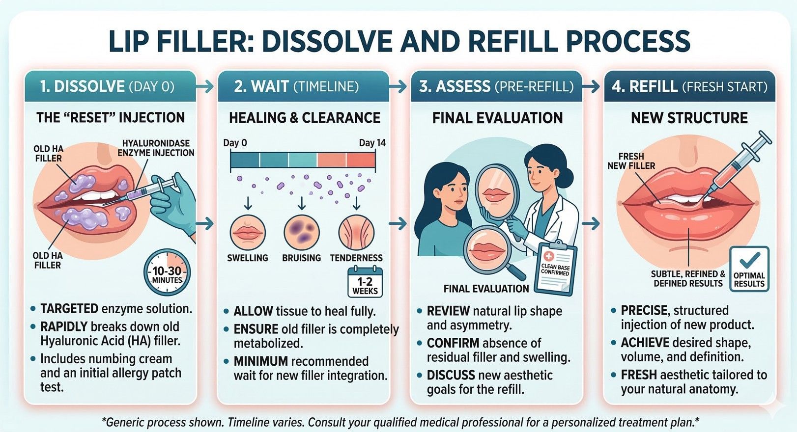 Infographic explaining the dissolve and refill process for lips