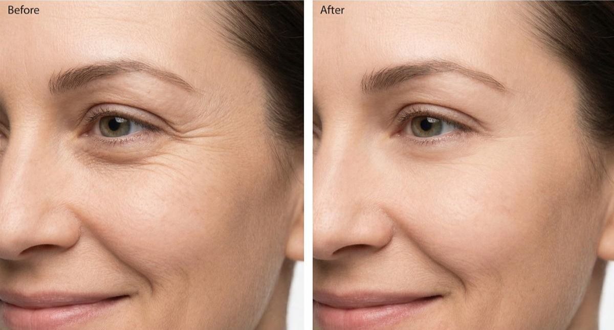 Before and after comparison showing natural crow's feet line softening with anti-wrinkle injections at Signature Aesthetics Nottingham