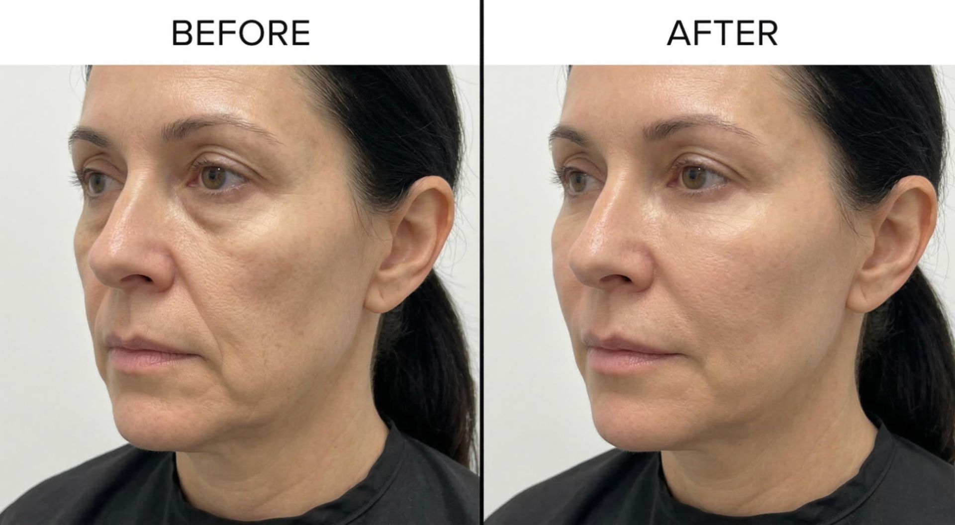 Three-quarter angle before and after comparison showing natural mid-face volume restoration with cheek fillers at Signature Aesthetics Nottingham