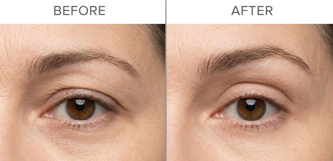 Before and after comparison showing subtle brow lifting results from anti-wrinkle injections at Signature Aesthetics Nottingham