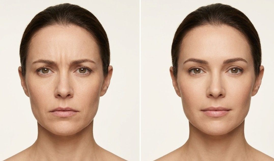Side by side comparison showing how glabellar line treatment improves resting facial expression at Signature Aesthetics Nottingham
