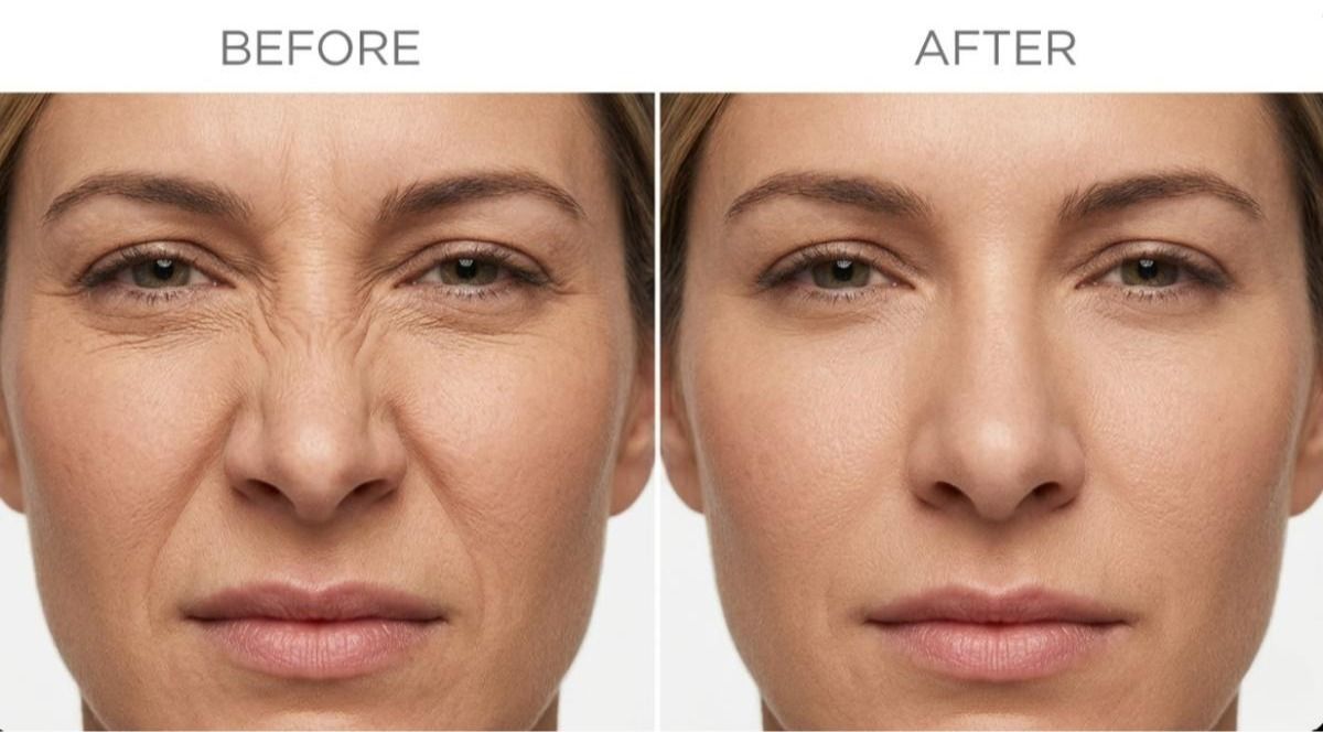 Close-up before and after comparison showing bunny line softening on expression with anti-wrinkle injections at Signature Aesthetics Nottingham