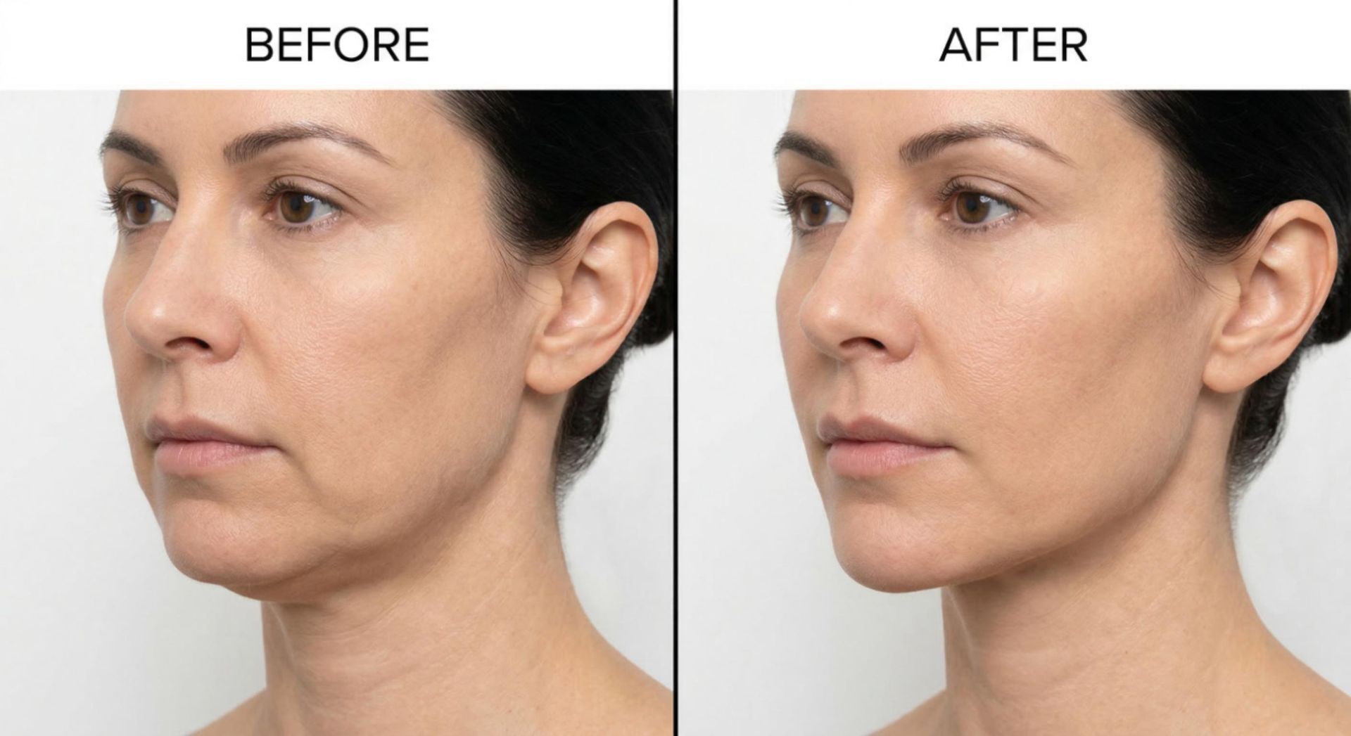 Three-quarter angle before and after comparison showing natural jawline definition improvement with jaw filler at Signature Aesthetics Nottingham