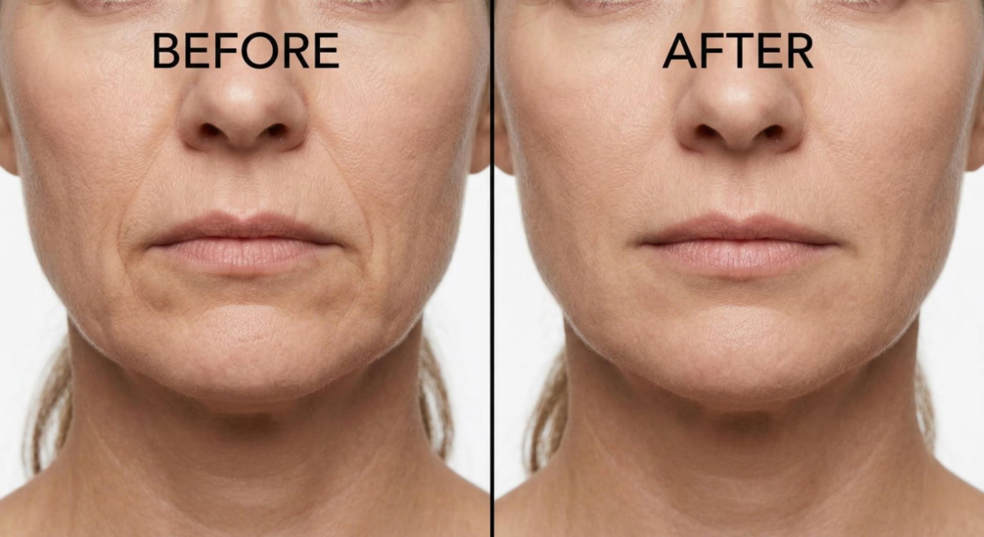 Straight-on before and after comparison showing natural marionette line softening and improved resting expression at Signature Aesthetics Nottingham