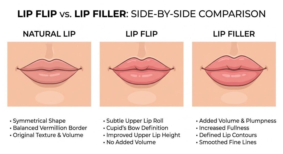 Illustrated comparison graphic showing the difference between a lip flip and lip filler result to help patients choose the right treatment