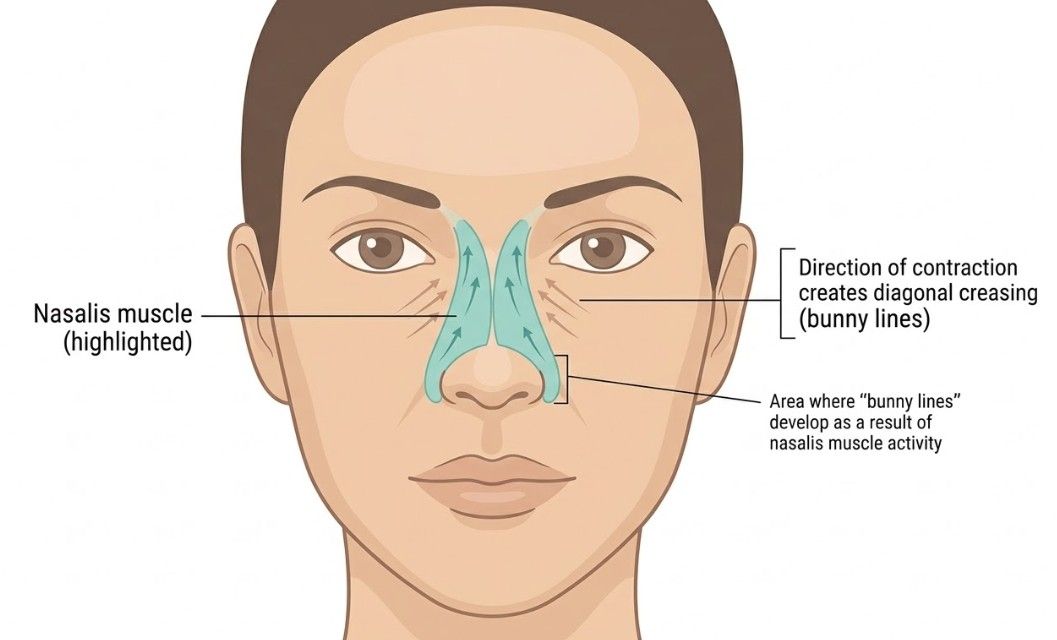 Anatomical diagram of the nasalis muscle showing the mechanism behind bunny line formation and the treatment area for anti-wrinkle injections