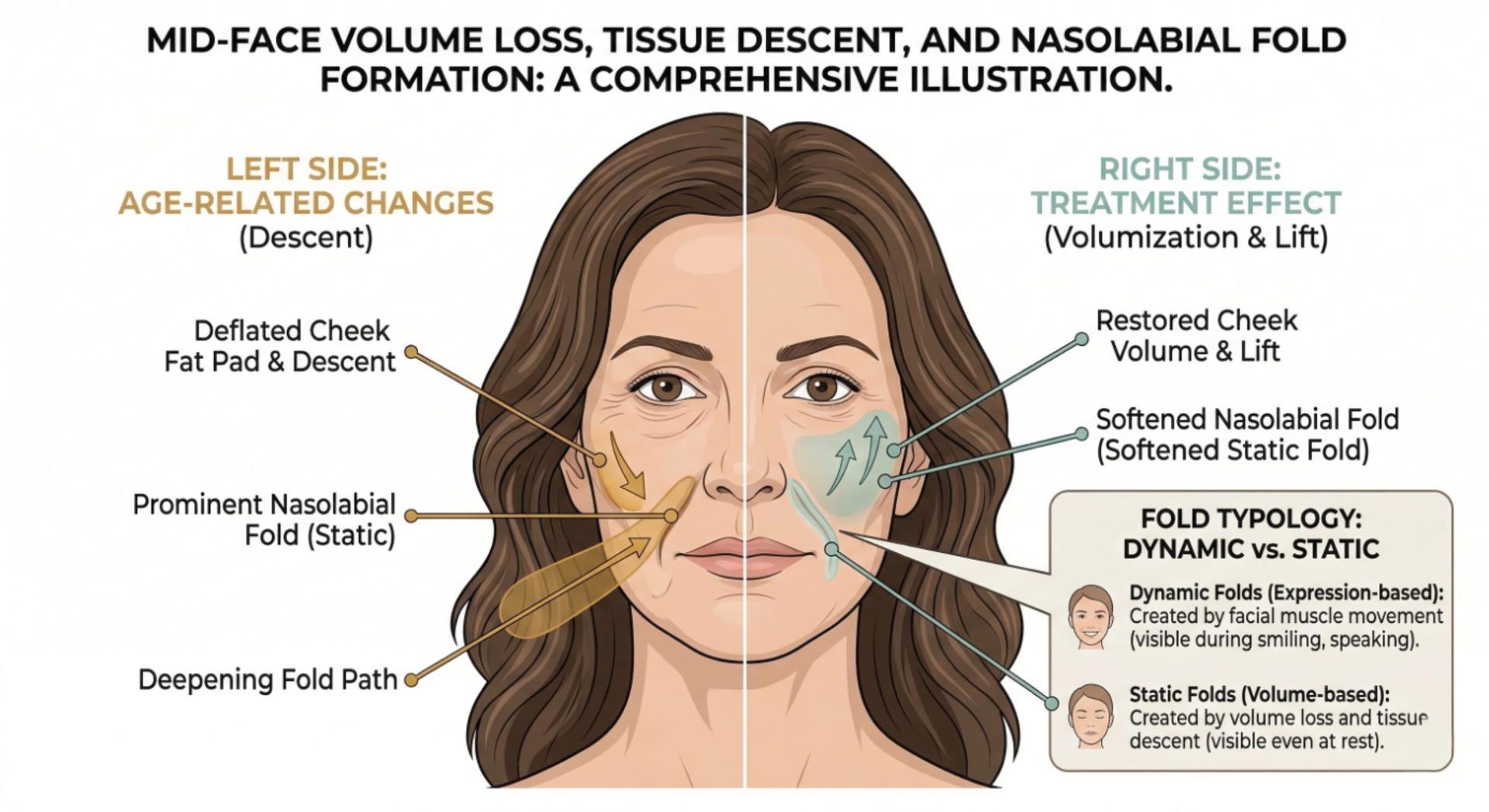 Medical diagram showing the relationship between mid-face volume loss, tissue descent, and nasolabial fold formation with treatment effect illustrated
