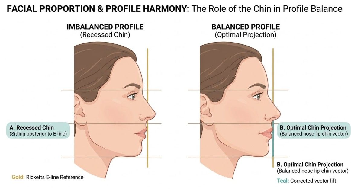 Facial proportion diagram showing the role of chin projection in profile balance and the Ricketts E-line reference used in chin filler assessment