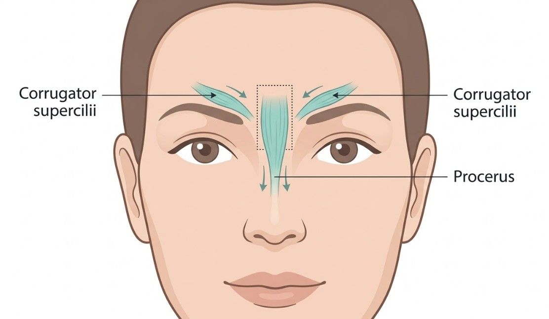 Anatomical diagram showing the corrugator supercilii and procerus muscles responsible for glabellar frown lines treated with anti-wrinkle injections