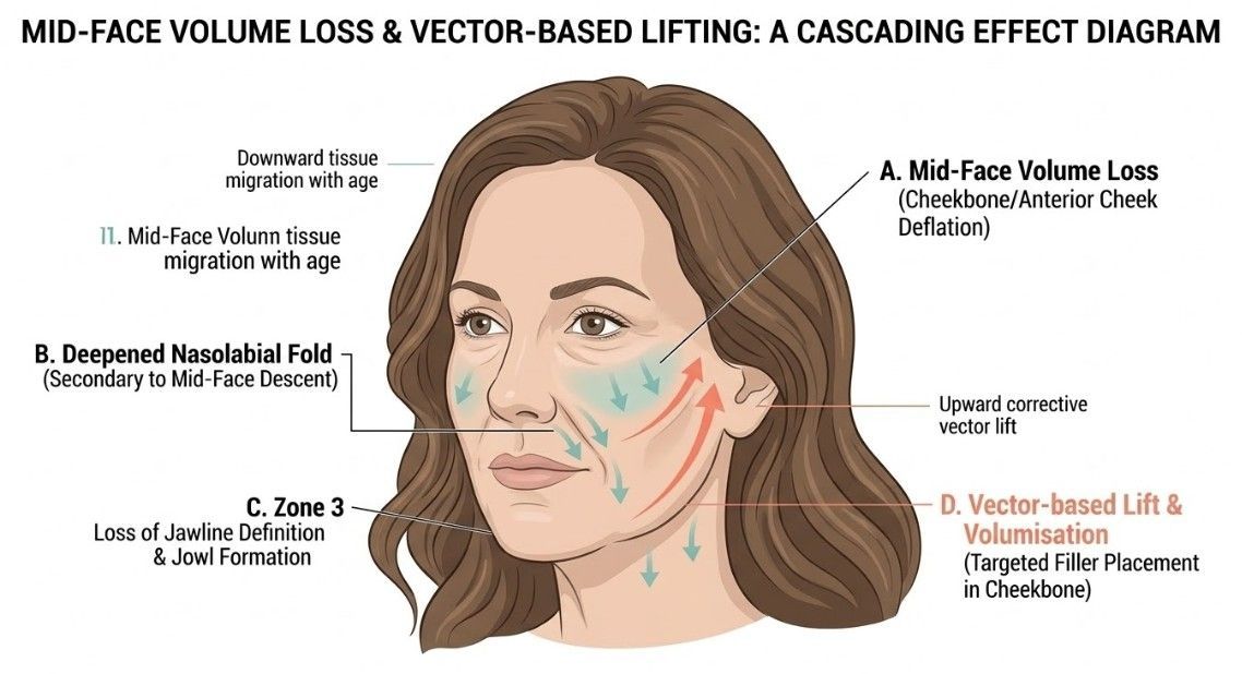 Medical diagram showing age-related mid-face volume loss and the lifting effect of cheek filler treatment at Signature Aesthetics Nottingham