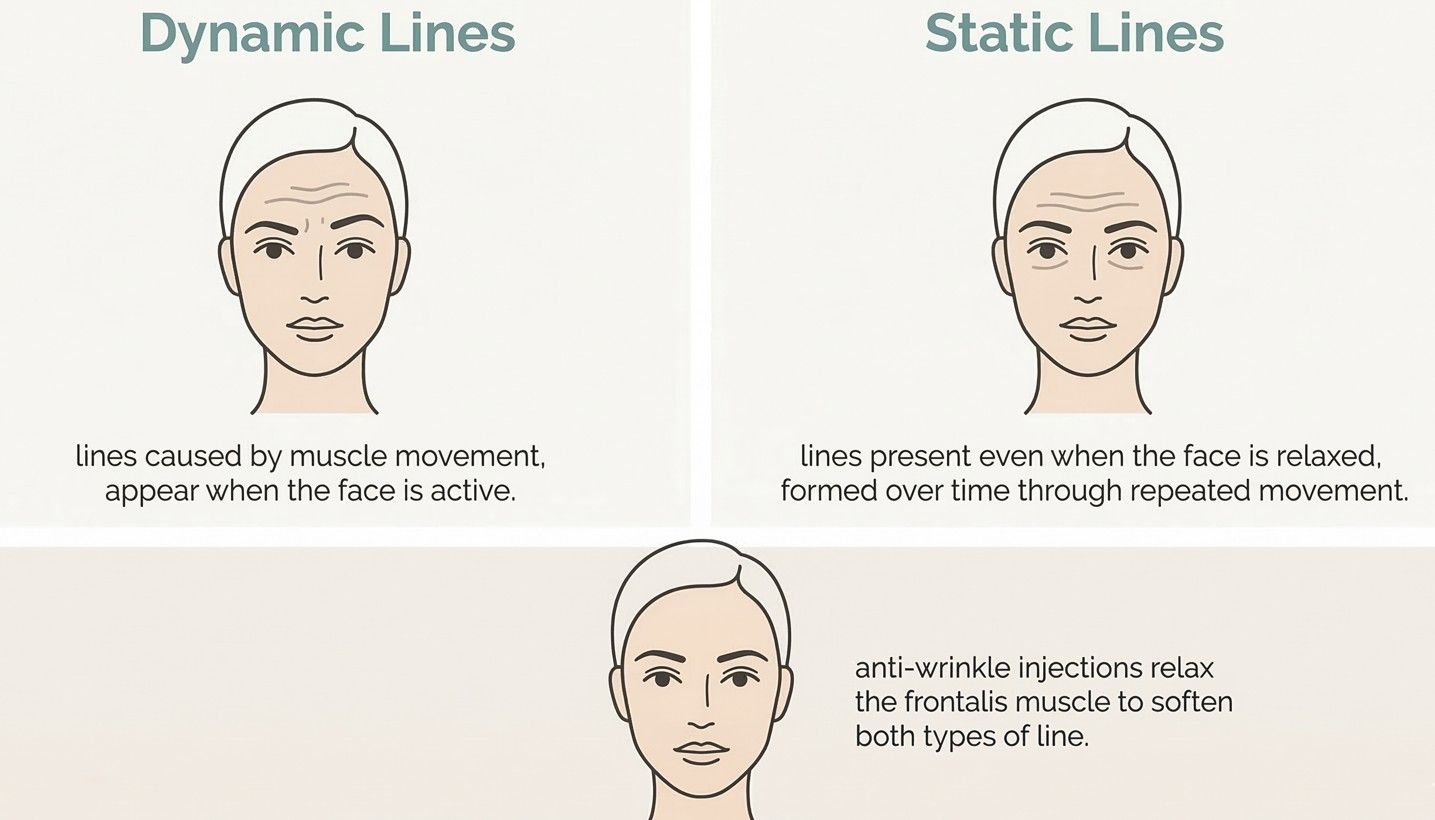 Infographic explaining the difference between dynamic and static forehead lines and how anti-wrinkle injections treat both