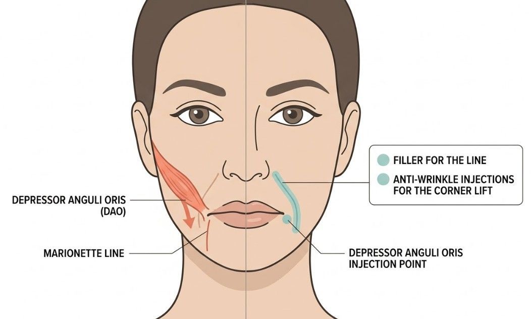 Anatomical diagram showing the depressor anguli oris muscle and combined marionette line filler and anti-wrinkle treatment approach