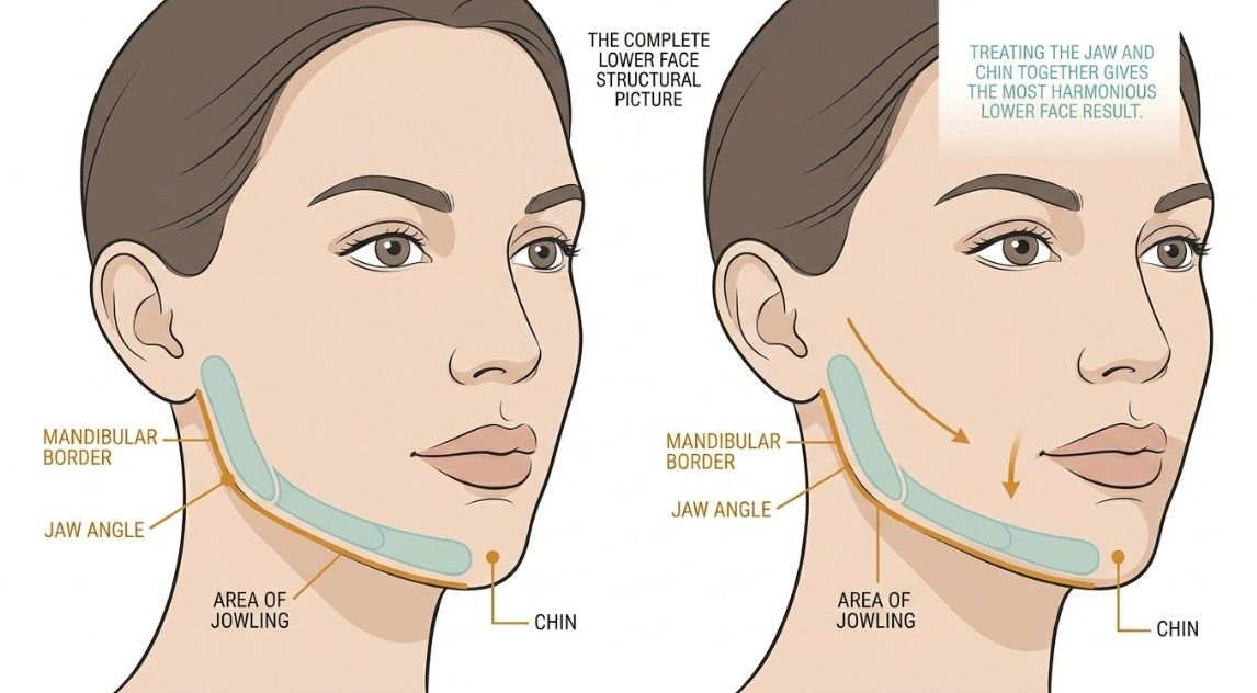 Lower face structural diagram showing the mandibular border, jaw angle, jowling zone and filler placement areas for jaw filler treatment