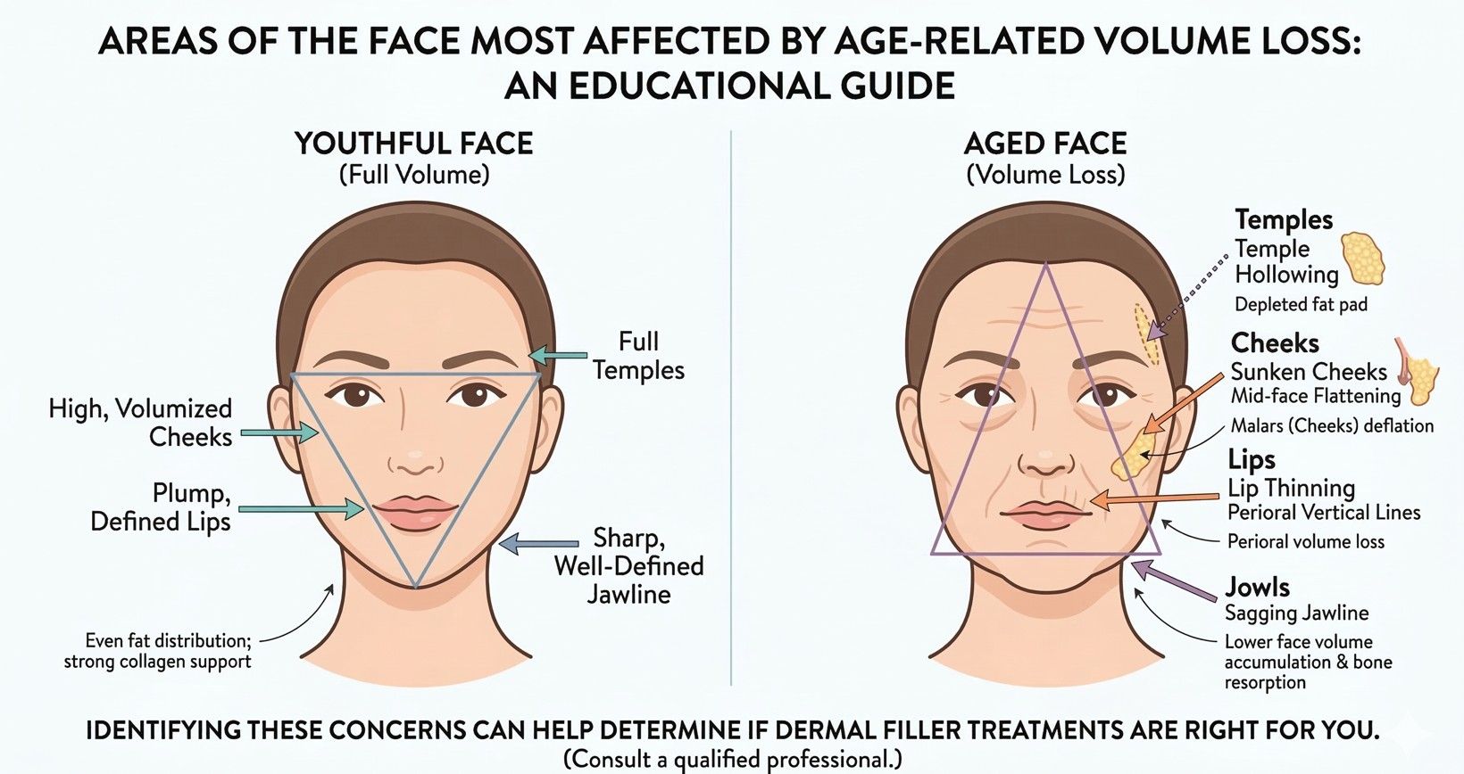 infographic showing places on the face most affected by age related volume loss