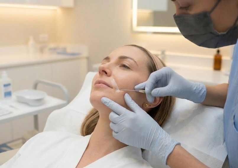 Medical diagram showing the relationship between mid-face volume loss, tissue descent, and nasolabial fold formation with treatment effect illustrated