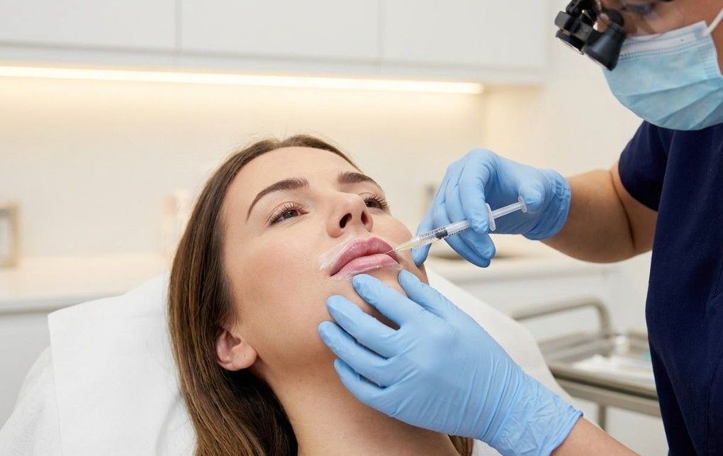 Aesthetic practitioner performing precise lip filler treatment with topical numbing cream applied at Signature Aesthetics Nottingham