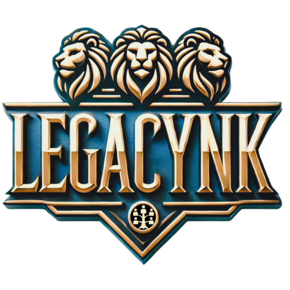 A logo for legacynk with three lions on it