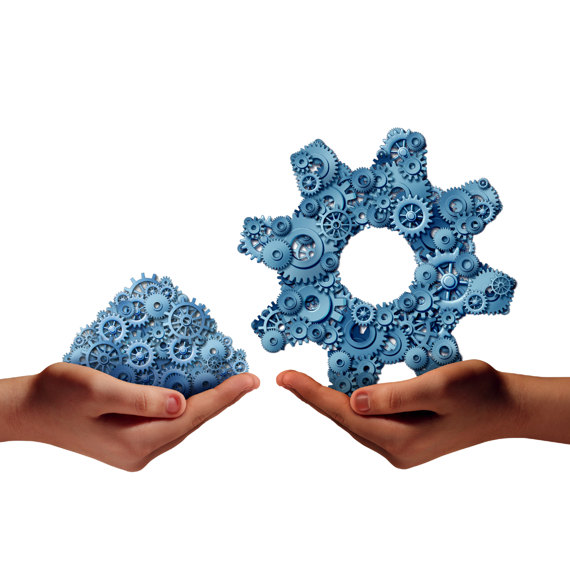 Two hands holding a pile of gears and a gear made out of gears