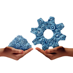 Two hands holding a pile of gears and a gear made out of gears