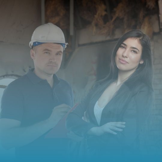 A man and a woman are posing for a picture . the woman is wearing a hard hat.