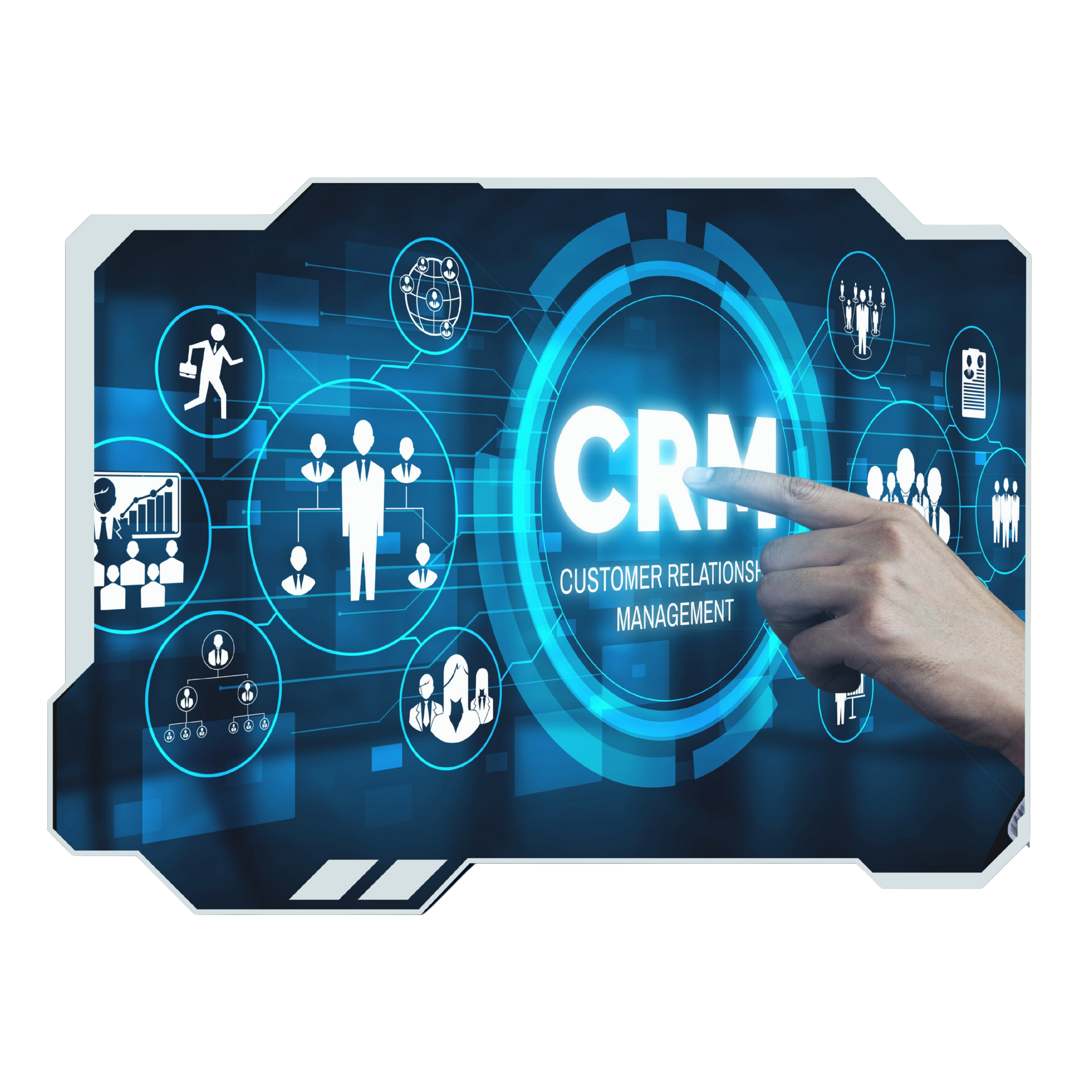 A hand is pointing at a screen with the word crm on it.