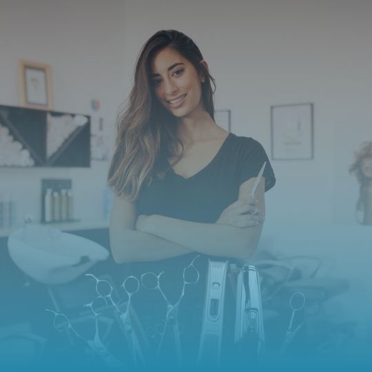 A woman is standing in front of a table with scissors on it.