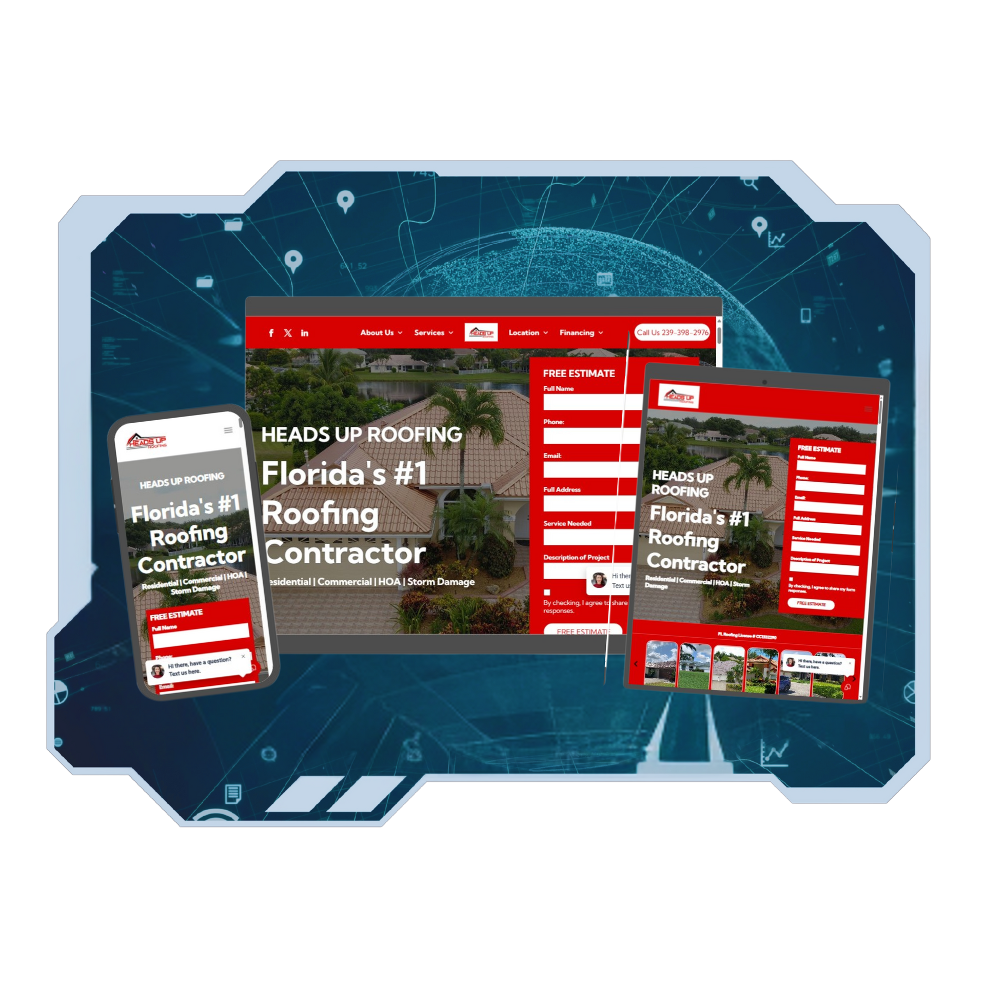 A florida roofing contractor website is displayed on a computer , tablet , and phone.