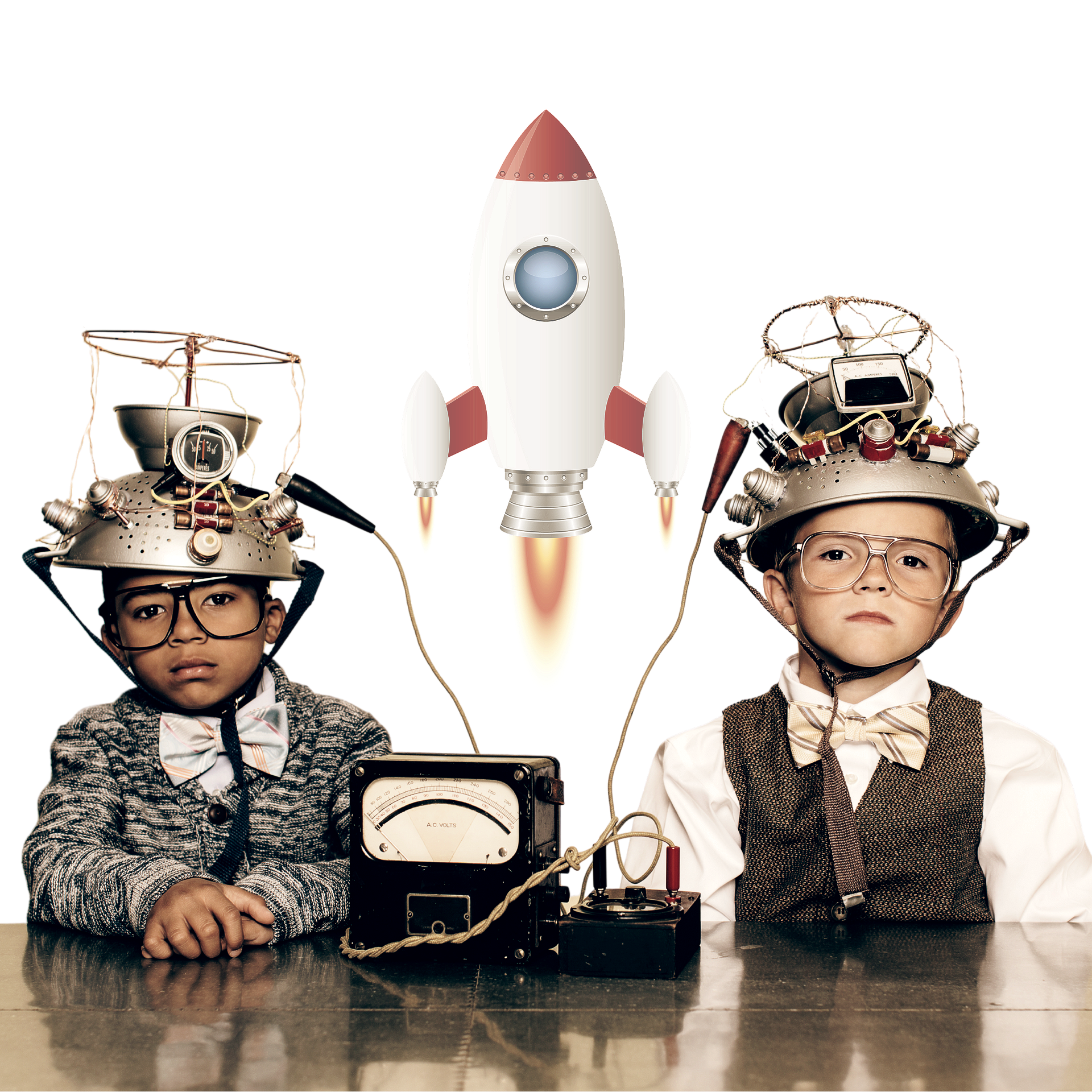 Two boys wearing strange hats are sitting at a table with a rocket in the background