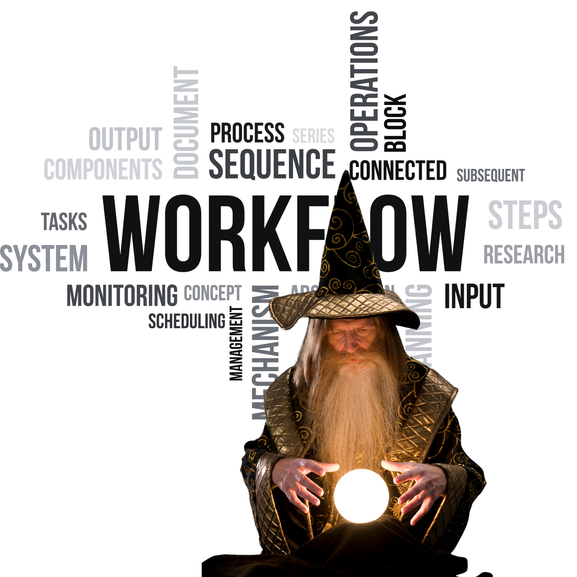 A wizard with a beard is sitting in front of a word cloud that says workflow