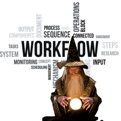 A wizard with a beard is sitting in front of a word cloud that says workflow