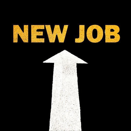 A white arrow pointing up with the words `` new job '' in yellow letters.