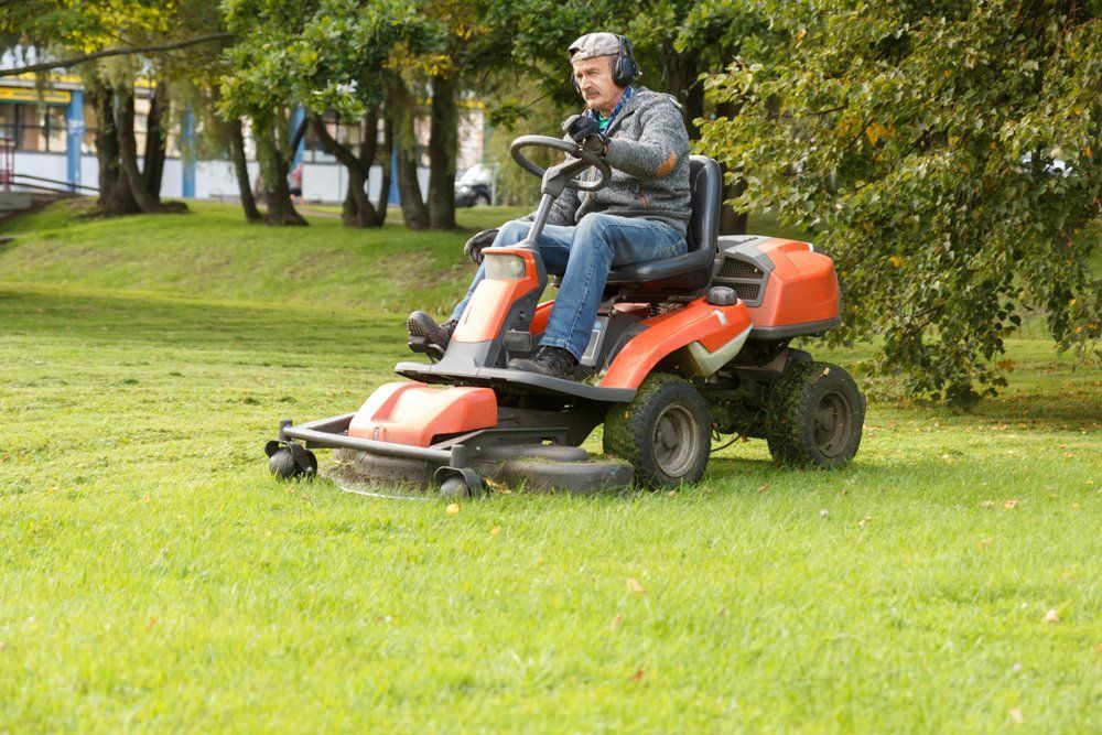 A Man Is Riding A Lawn Mower In A Park — Amaze Lawn and Garden Care In Nelson Bay, NSW