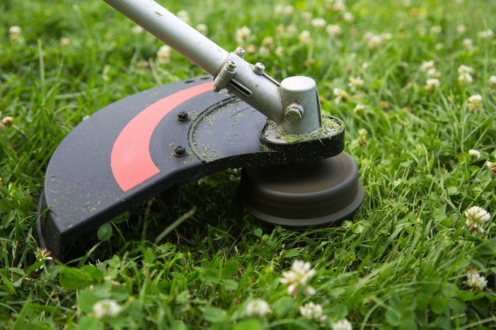 A Lawn Mower Is Cutting The Grass In A Lush Green Field — Amaze Lawn and Garden Care In Nelson Bay, NSW