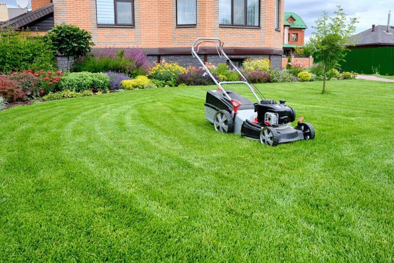A Lawn Mower Is Cutting A Lush Green Lawn In Front Of A House — Amaze Lawn and Garden Care In Nelson Bay, NSW