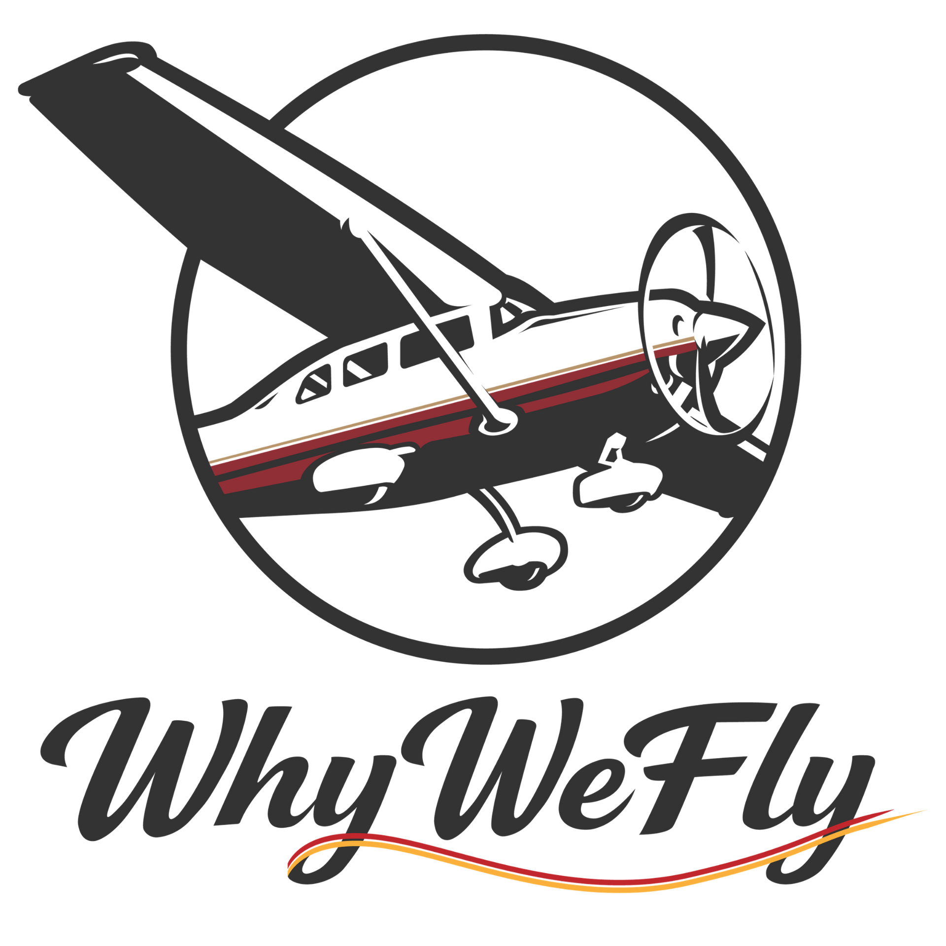A logo featuring a small airplane flying inside a circle above the text 