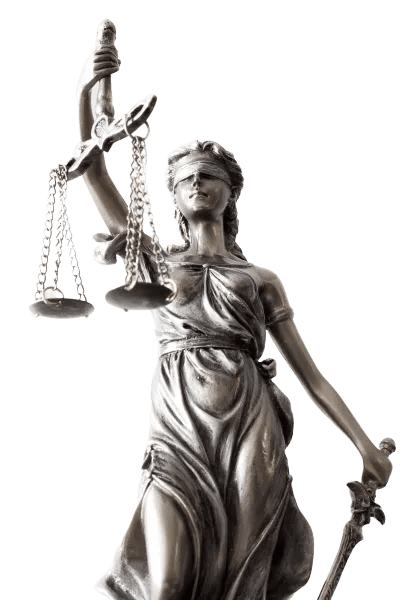 Statue of Lady Justice holding scales in one hand and a sword in the other, wearing a blindfold.