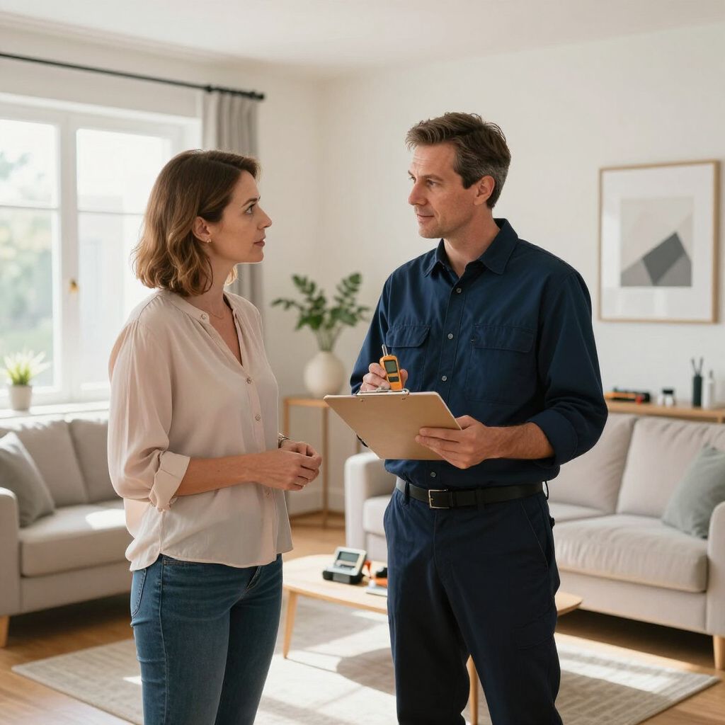 Woman and man in home discussing something. Man holds clipboard. Living room setting.