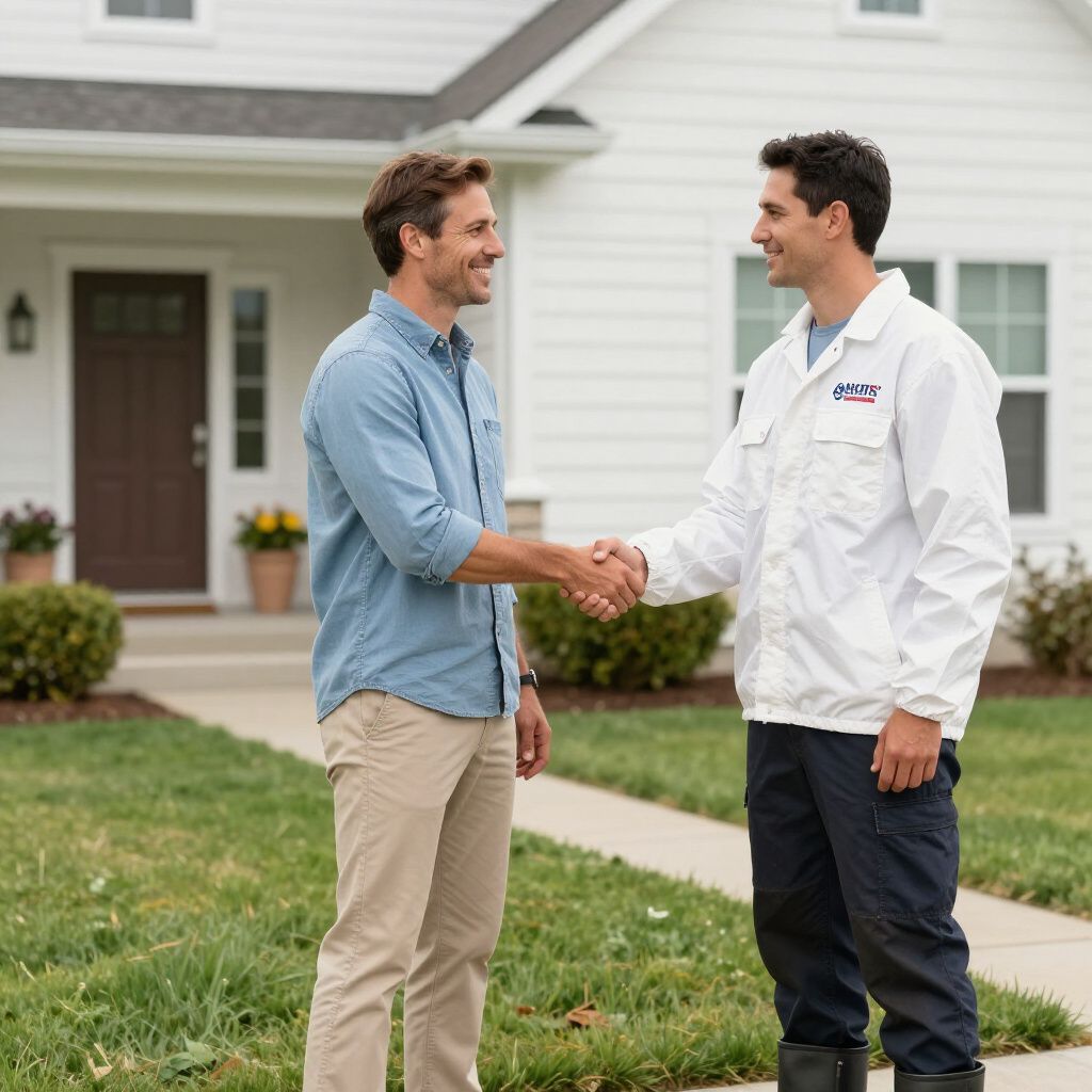 Man in a blue shirt shakes hands with a man in a white jacket in front of a house.