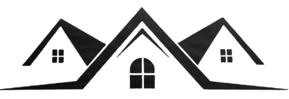 Black and white logo of three houses with roofs and windows.