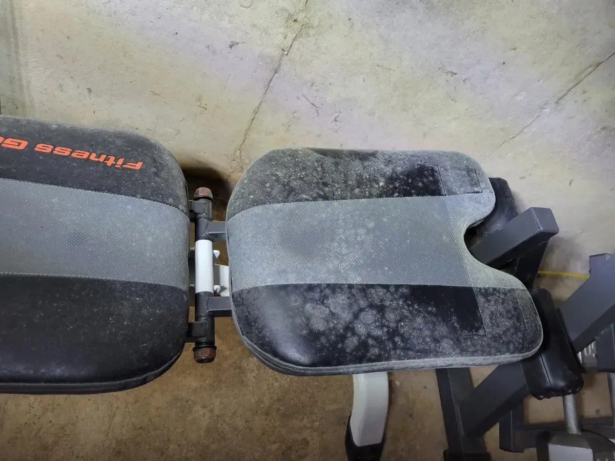 Fitness equipment with heavily soiled black and gray pads, showing age and wear.
