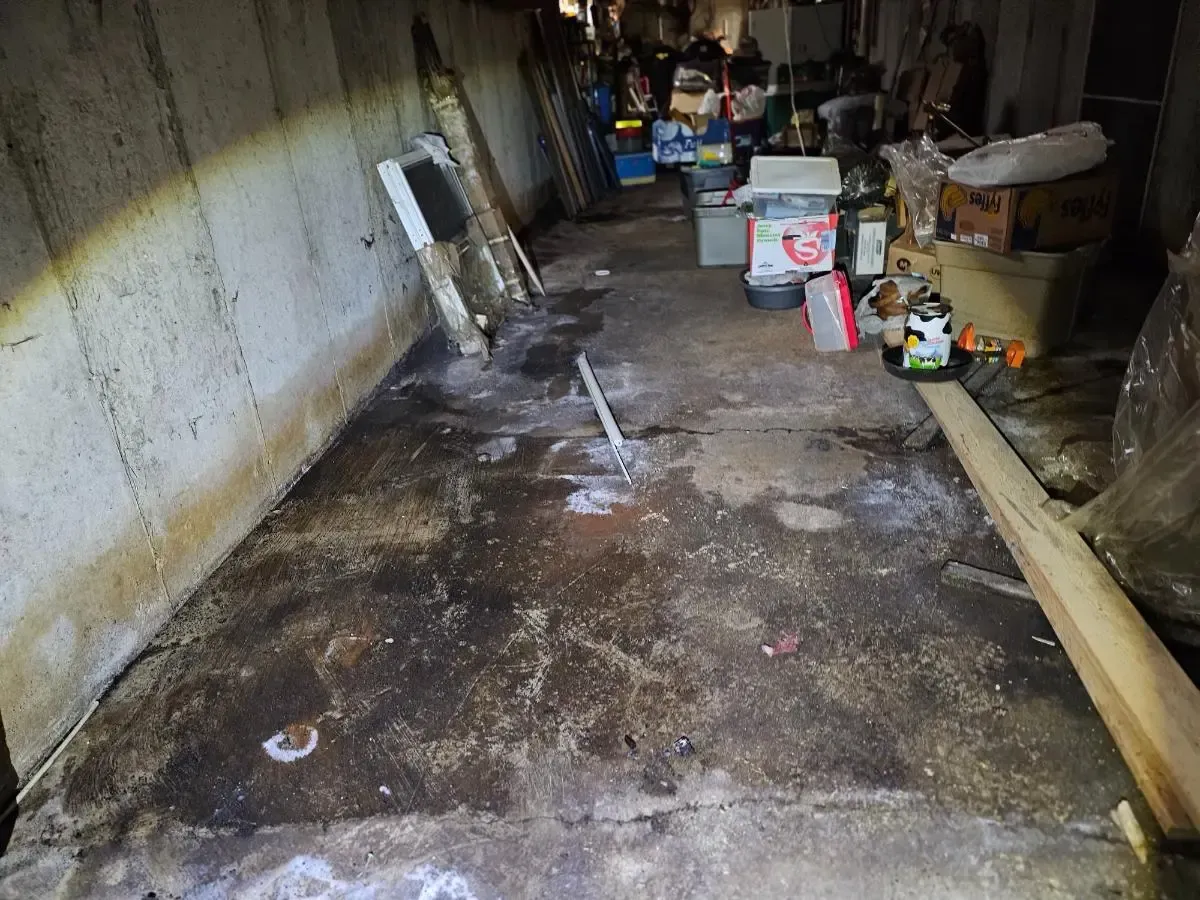 Concrete floor in a cluttered basement with debris and various items stored against the walls.