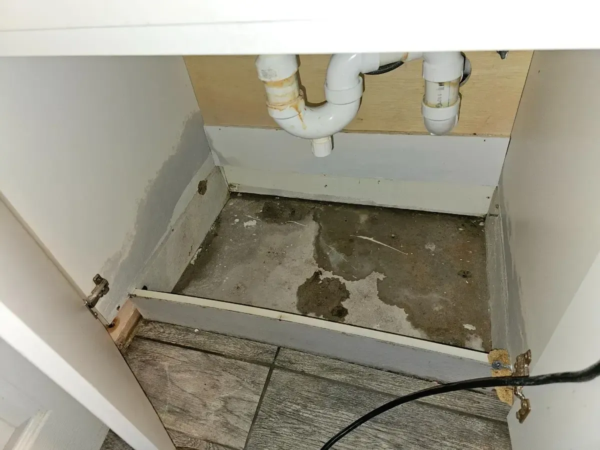 Under-sink cabinet with exposed plumbing, stained concrete floor, and white trim.