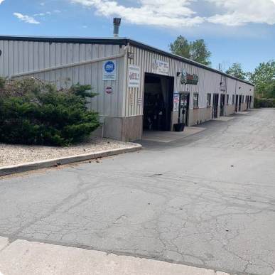 A white building with a sign that says 45 on it