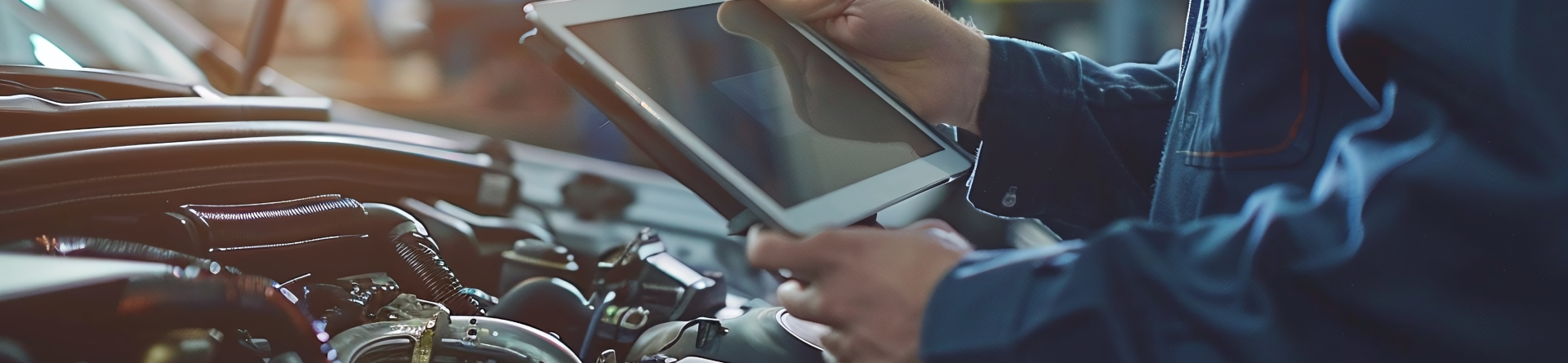 A mechanic is using a tablet computer while working on a car. | Patterson Brothers Automotive
