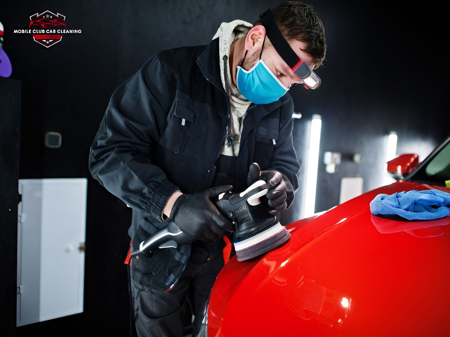 A Person Polishing a Red Car With a Buffer — Mobile Club Car Cleaning in Earlville, QLD