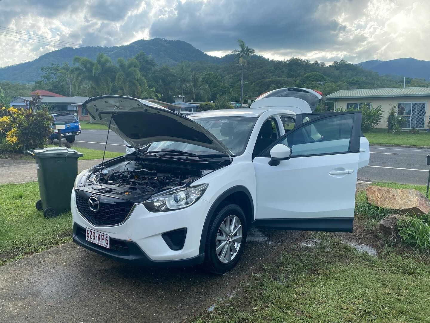 White Mazda Suv With Open Hood — Mobile Club Car Cleaning in Earlville, QLD