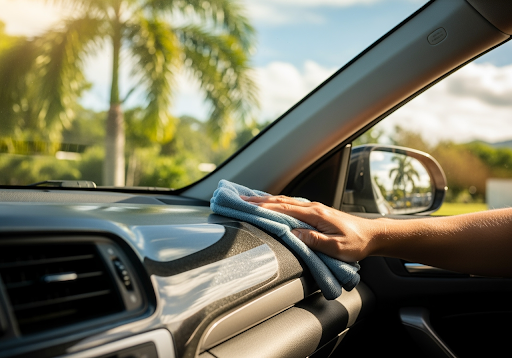 Hand Wiping a Car Dashboard With a Blue Cloth — Mobile Club Car Cleaning in Earlville, QLD